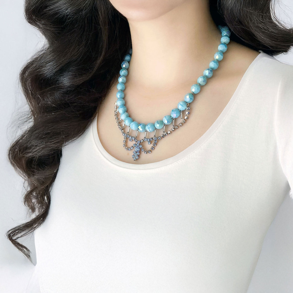 ITZEL vintage light blue bead and rhinestone bib necklace-GREEN BIJOU