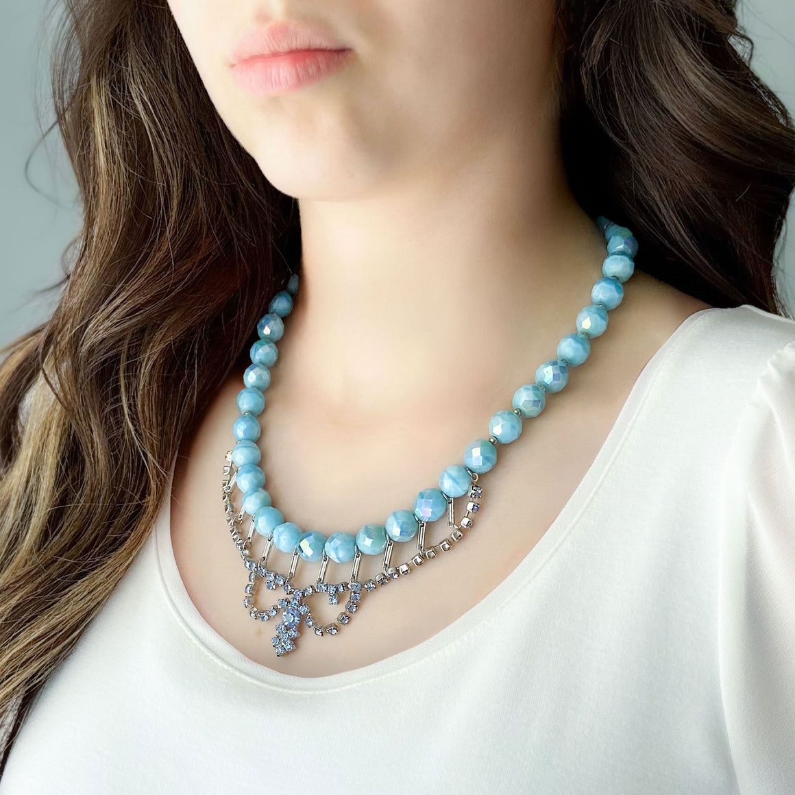 ITZEL vintage light blue bead and rhinestone bib necklace-GREEN BIJOU