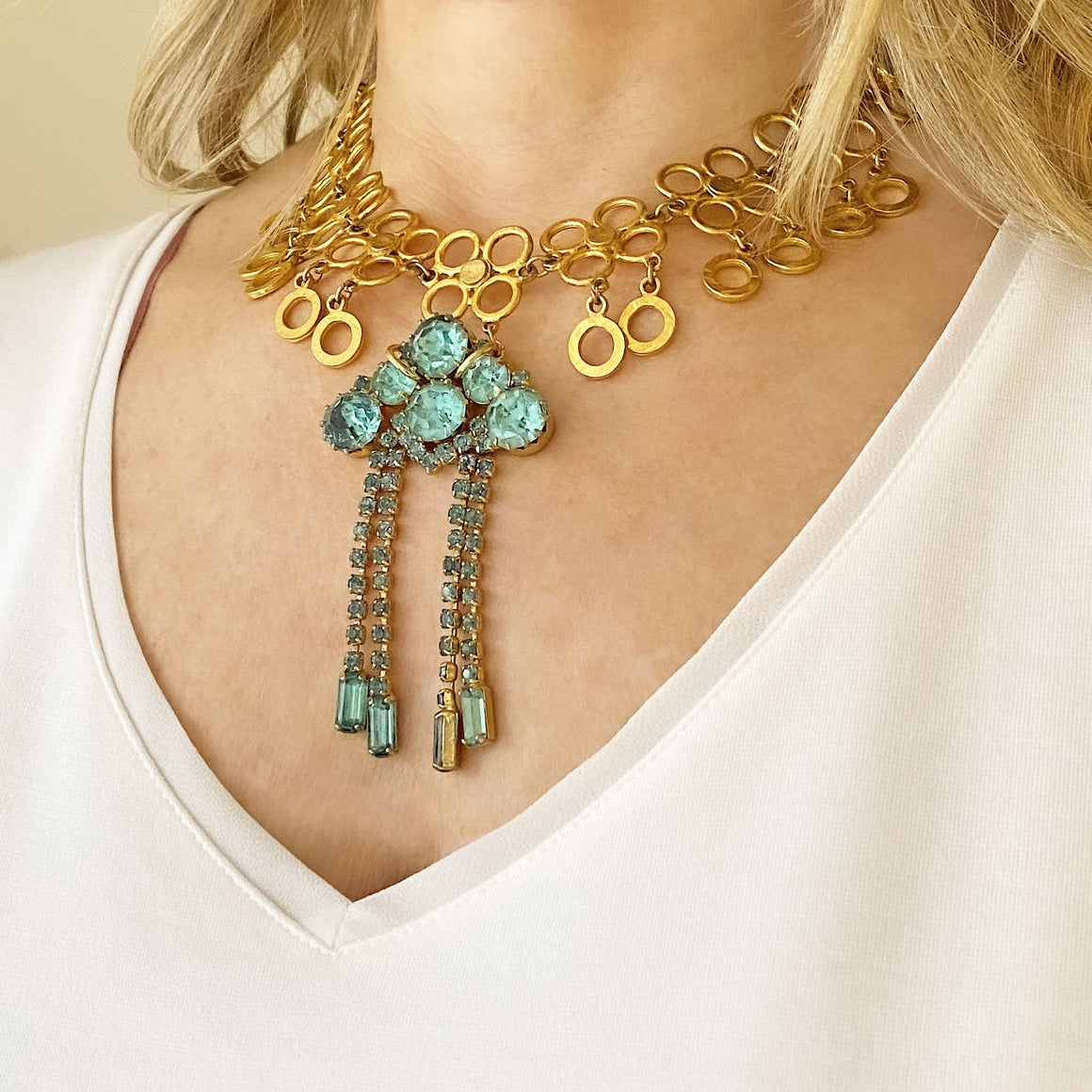 JANEY teal and gold choker necklace-GREEN BIJOU