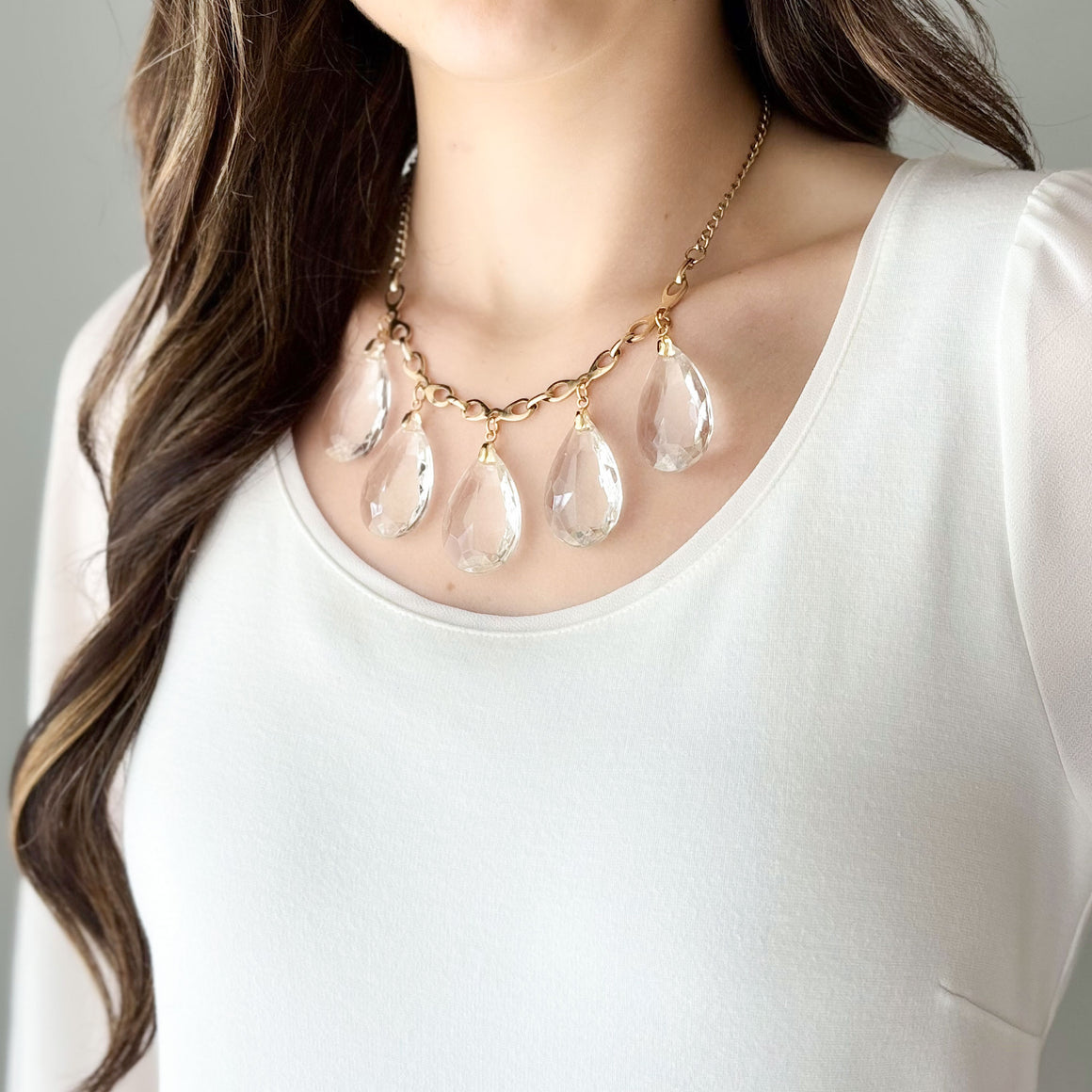 JAQUEN gold and clear teardrop crystal bib necklace-GREEN BIJOU