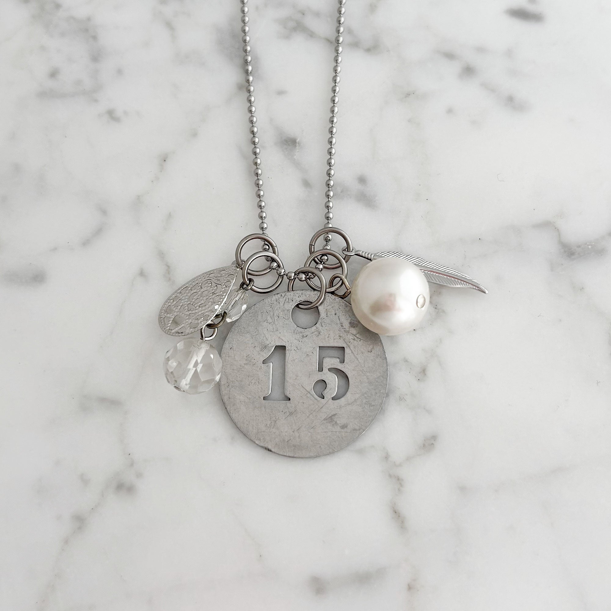 JAYLA Art Deco numbered tag charm necklace from Paris France-GREEN BIJOU