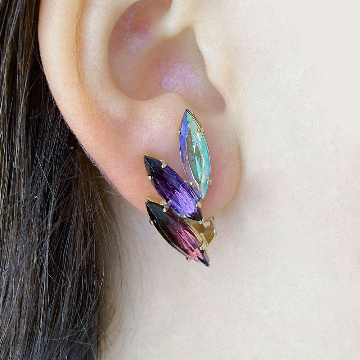 JAYLENE navette crystal clip earrings-GREEN BIJOU