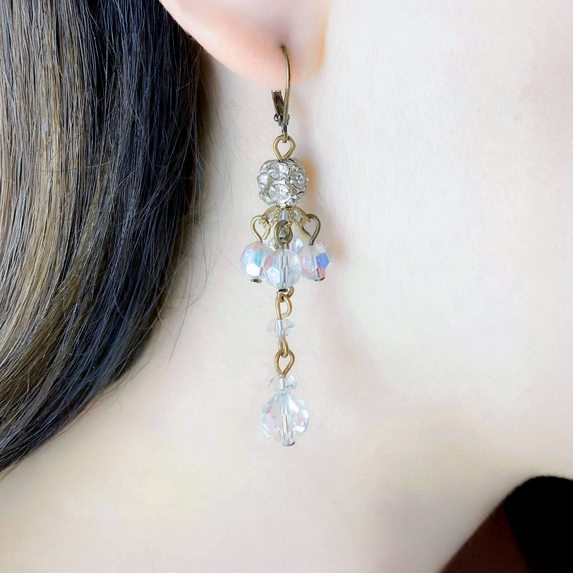 JEENIE vintage rhinestone ball crystal chandelier earrings-GREEN BIJOU