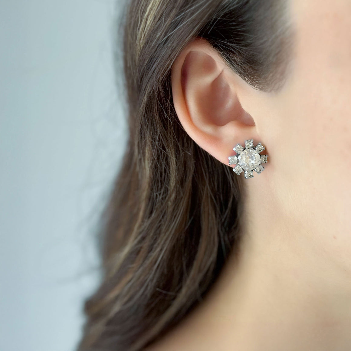 JOVITA vintage silver and rhinestone flower stud earrings-GREEN BIJOU