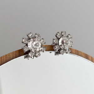 JOVITA vintage silver and rhinestone flower stud earrings - 