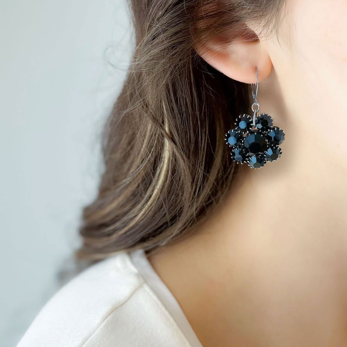 KAMILLE vintage silver and black rhinestone dangle earrings-GREEN BIJOU