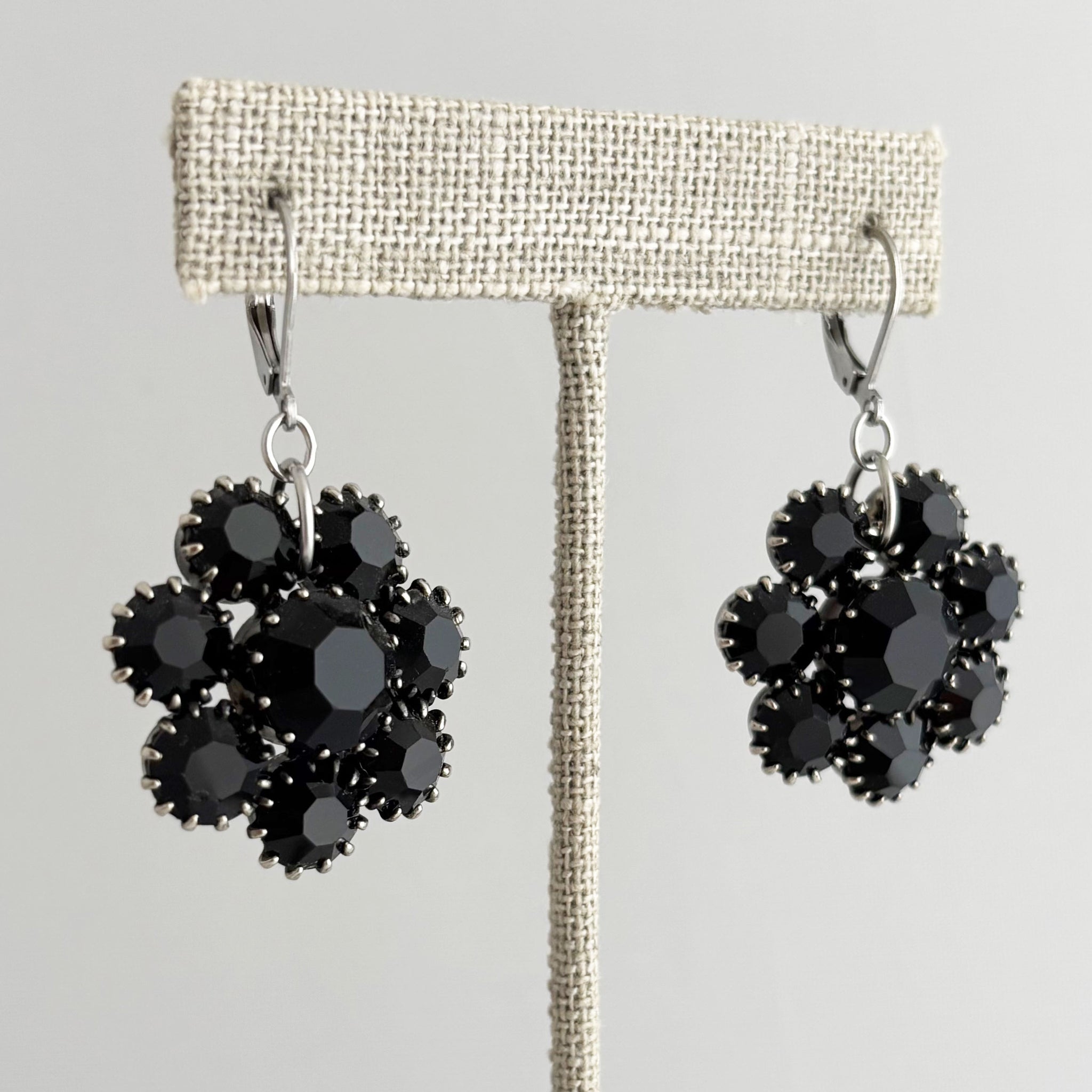 KAMILLE vintage silver and black rhinestone dangle earrings-GREEN BIJOU