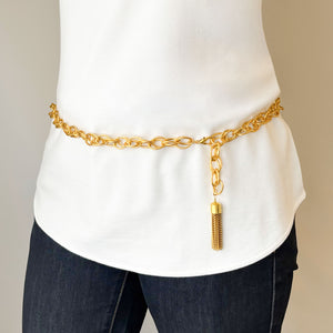 KARLIN bright gold double link chain belt with tassel - 