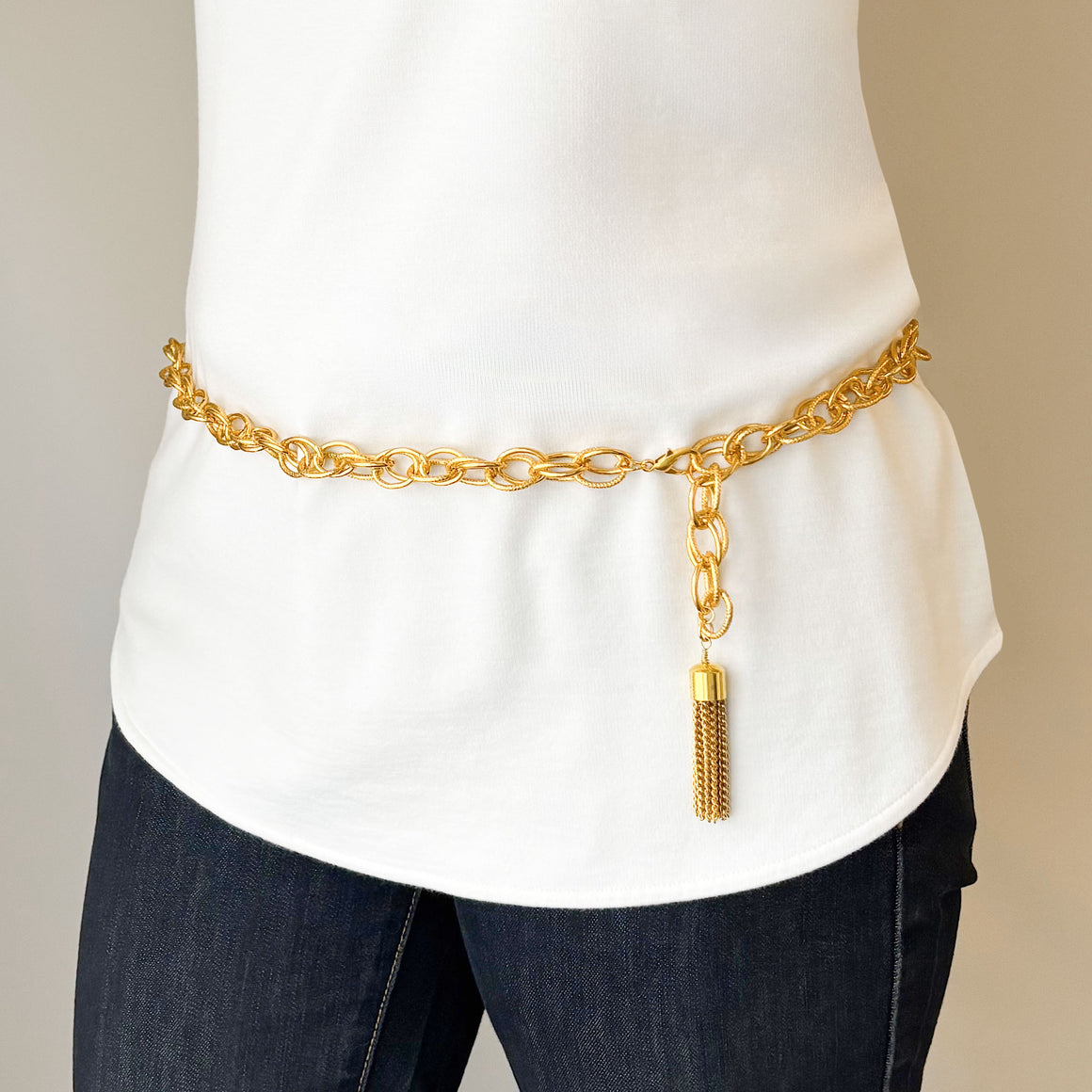 KARLIN bright gold double link chain belt with tassel-GREEN BIJOU