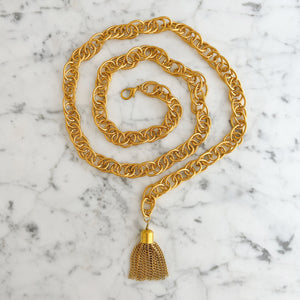 KARLIN bright gold double link chain belt with tassel-GREEN BIJOU