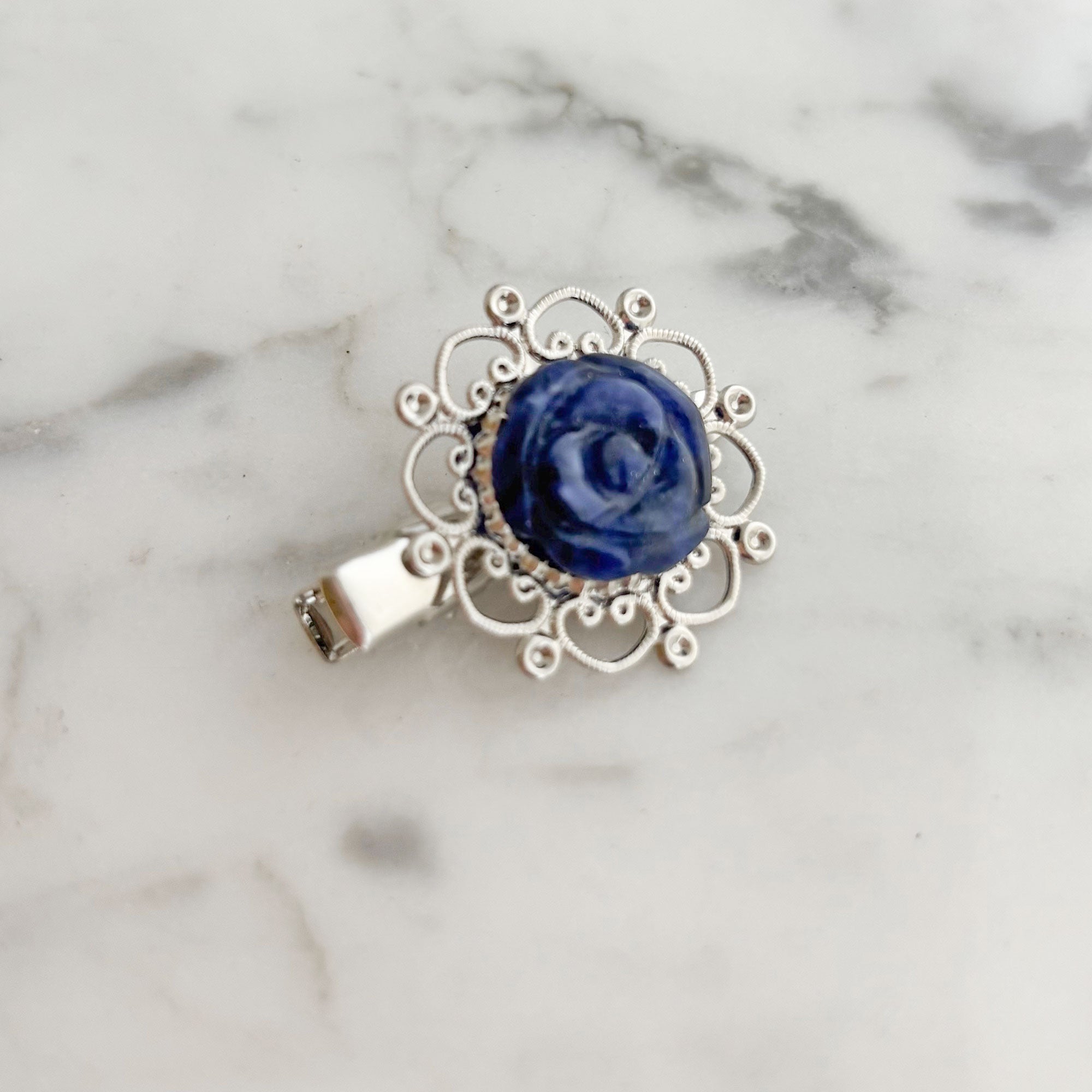 KATYA vintage navy blue rose cabochon silver flower hair clip-GREEN BIJOU