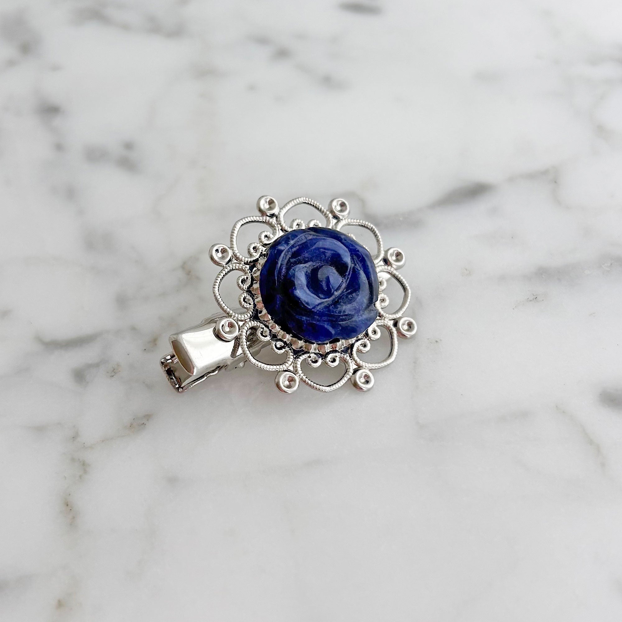 KATYA vintage navy blue rose cabochon silver flower hair clip-GREEN BIJOU