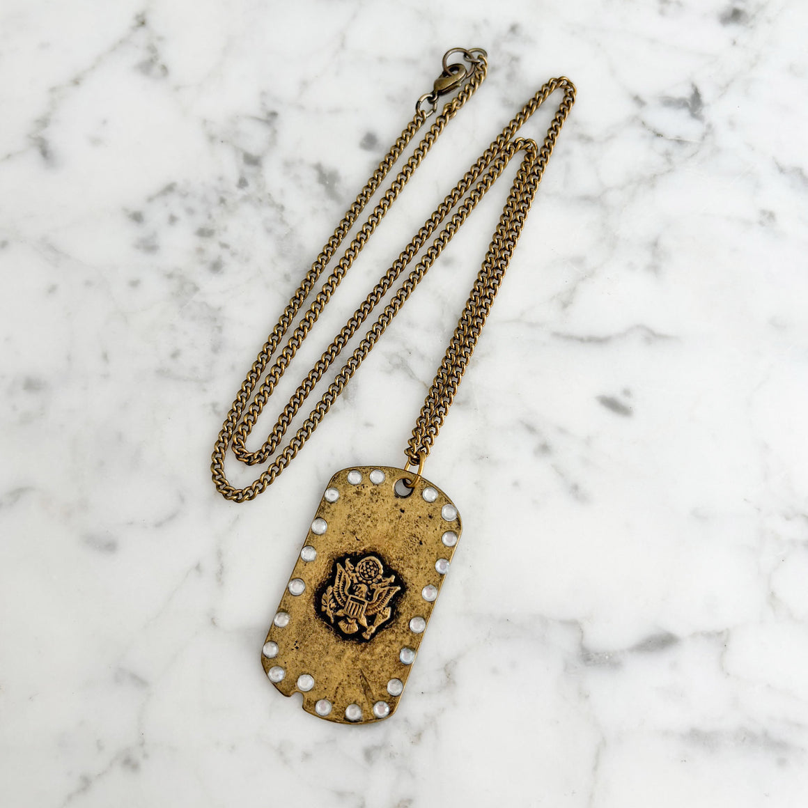 KEEGAN vintage coat of arms rhinestone brass pendant necklace-GREEN BIJOU