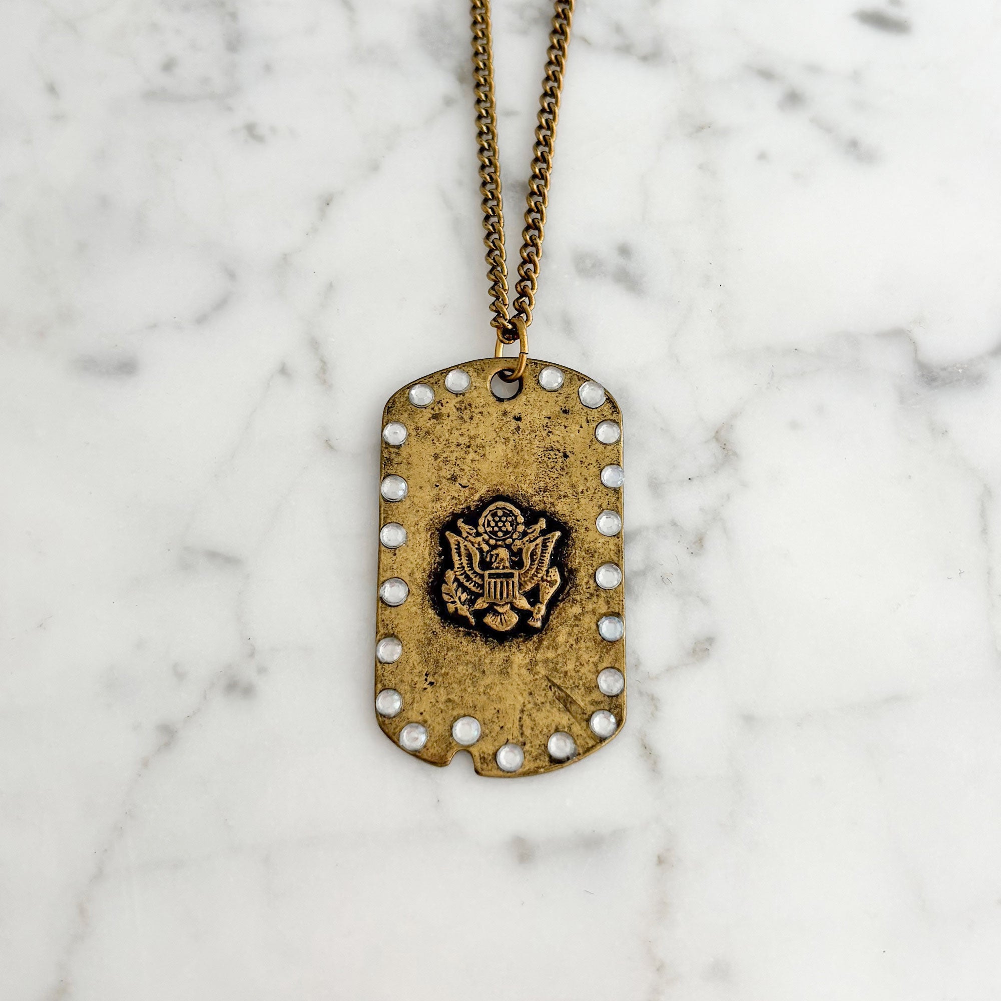 KEEGAN vintage coat of arms rhinestone brass pendant necklace-GREEN BIJOU