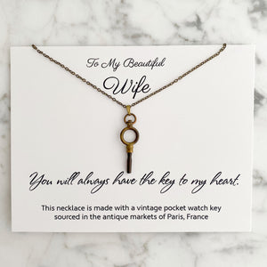 KEY TO MY HEART antique pocket watch key necklace from Paris - 