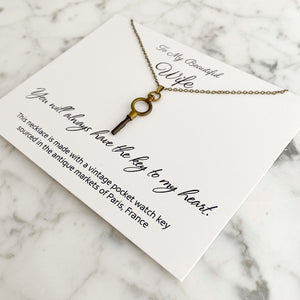 KEY TO MY HEART antique pocket watch key necklace from Paris - 