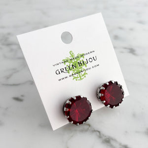 KHLOE vintage silver statement ruby red crystal stud earrings-GREEN BIJOU