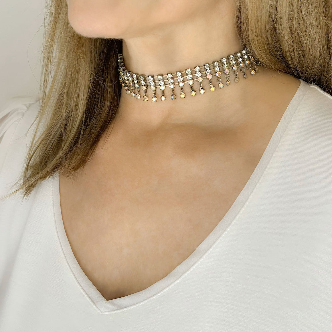 KIKI vintage aurora borealis rhinestone chain choker-GREEN BIJOU
