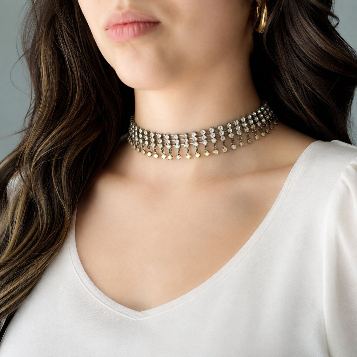 KIKI vintage aurora borealis rhinestone chain choker-GREEN BIJOU
