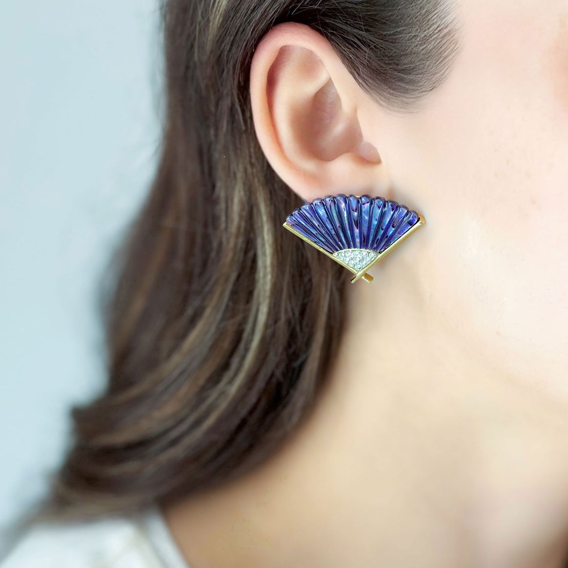 KYOTO vintage Butler purple abalone folding fan stud earrings-GREEN BIJOU