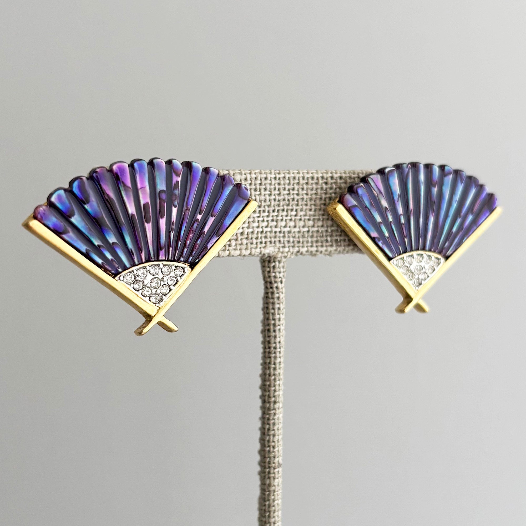KYOTO vintage Butler purple abalone folding fan stud earrings-GREEN BIJOU