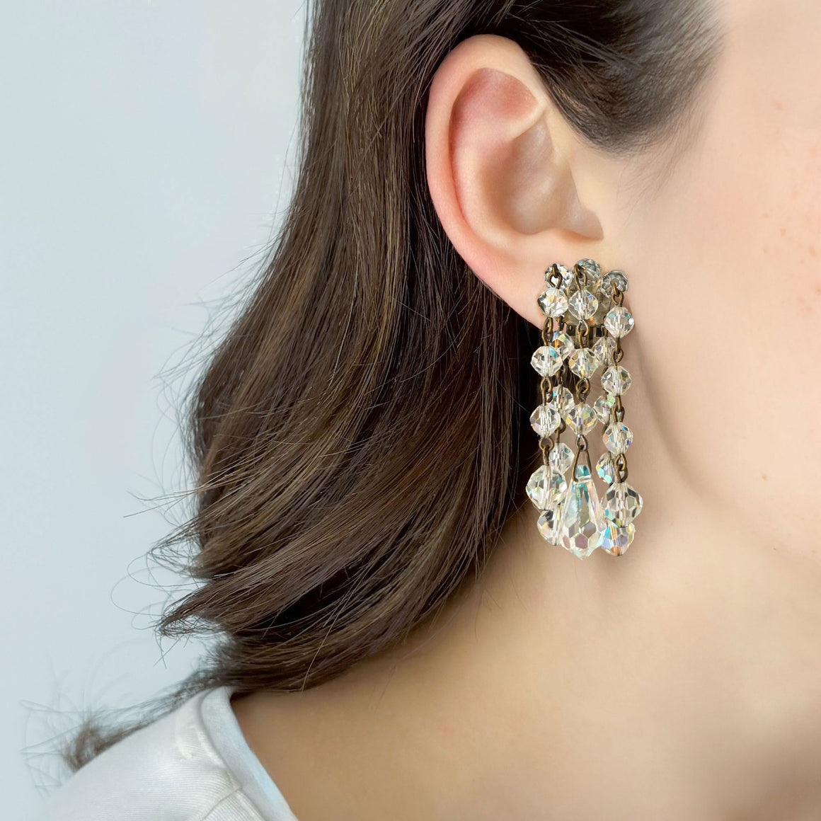 LAGUNA aurora borealis crystal waterfall clip on earrings-GREEN BIJOU