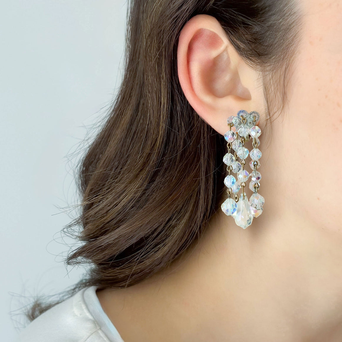 LAGUNA aurora borealis crystal waterfall clip on earrings-GREEN BIJOU