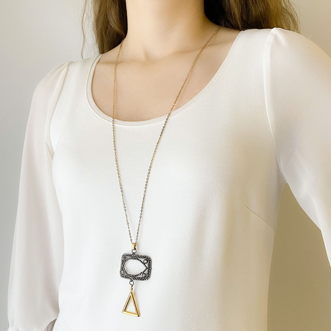 LAKOTA steel buckle and gold triangle necklace-GREEN BIJOU