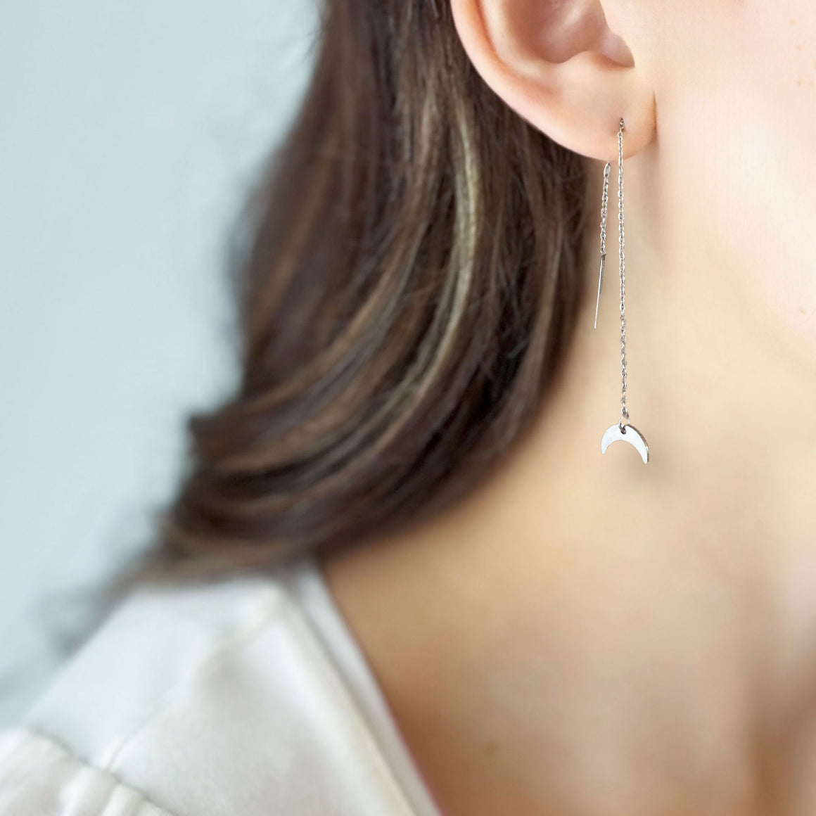 LANELLE silver half moon threader earrings-GREEN BIJOU