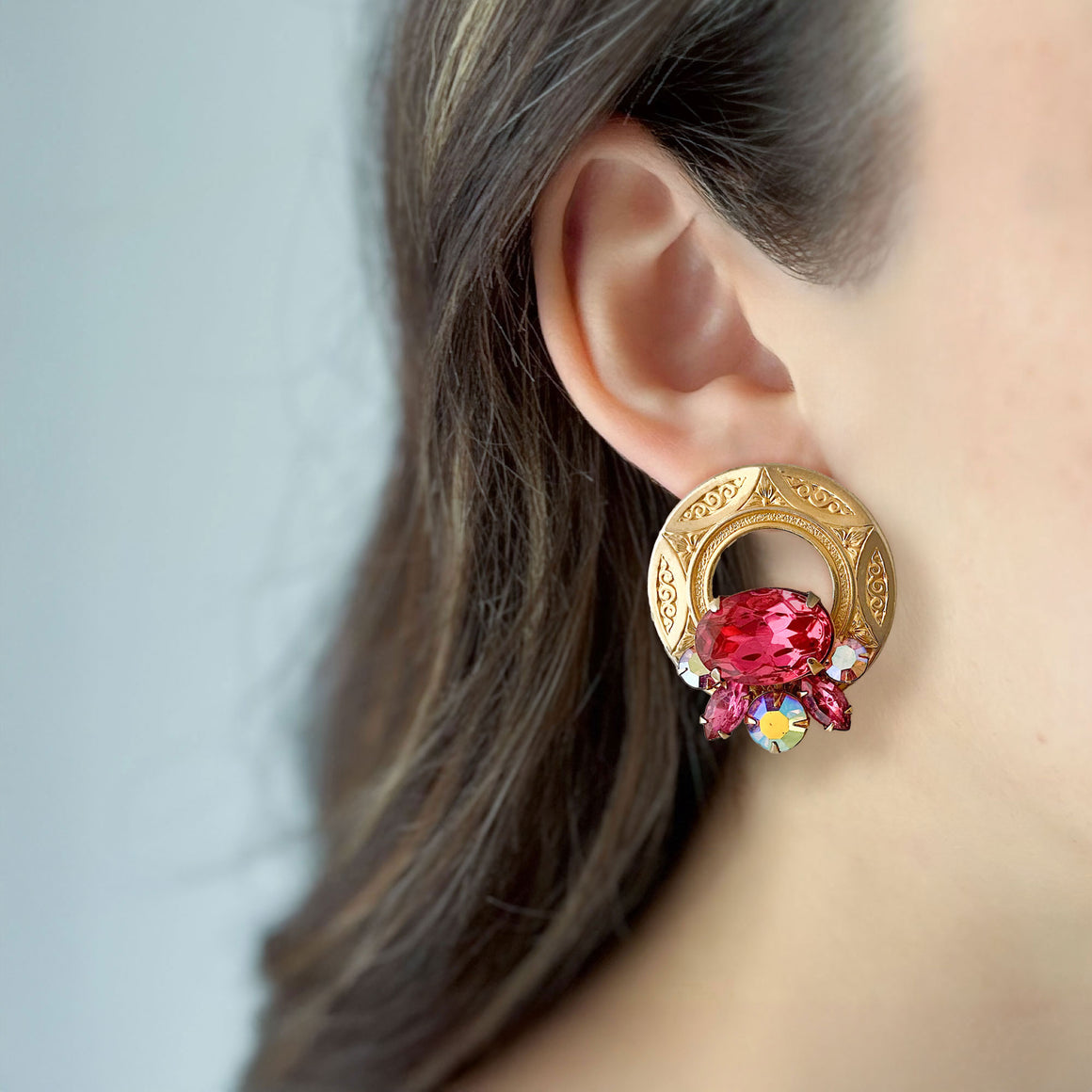 LARK vintage pink crystal gold hoop studs-GREEN BIJOU