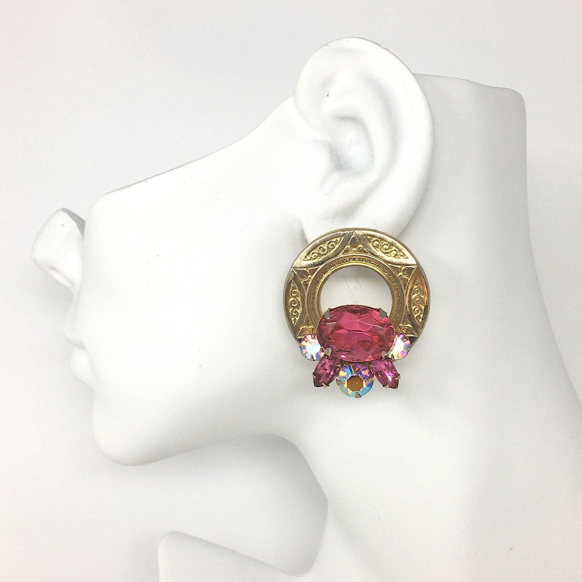LARK vintage pink crystal gold hoop studs-GREEN BIJOU