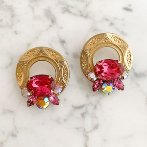 LARK vintage pink crystal gold hoop studs-GREEN BIJOU