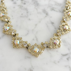 LEOPOLD vintage aurora borealis light gold filigree necklace - 
