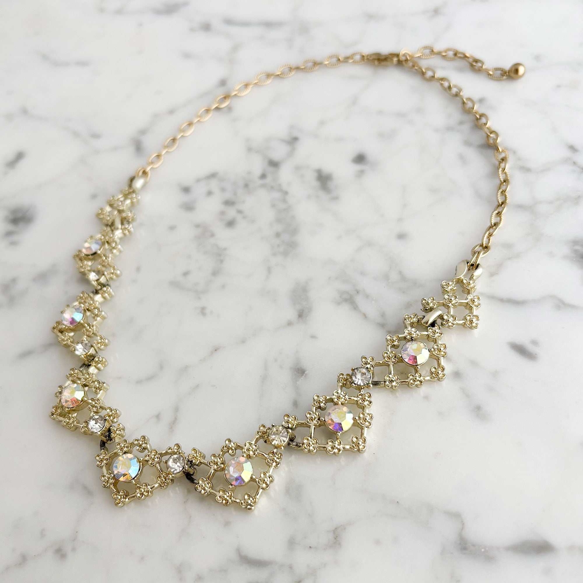 LEOPOLD vintage aurora borealis light gold filigree necklace - 