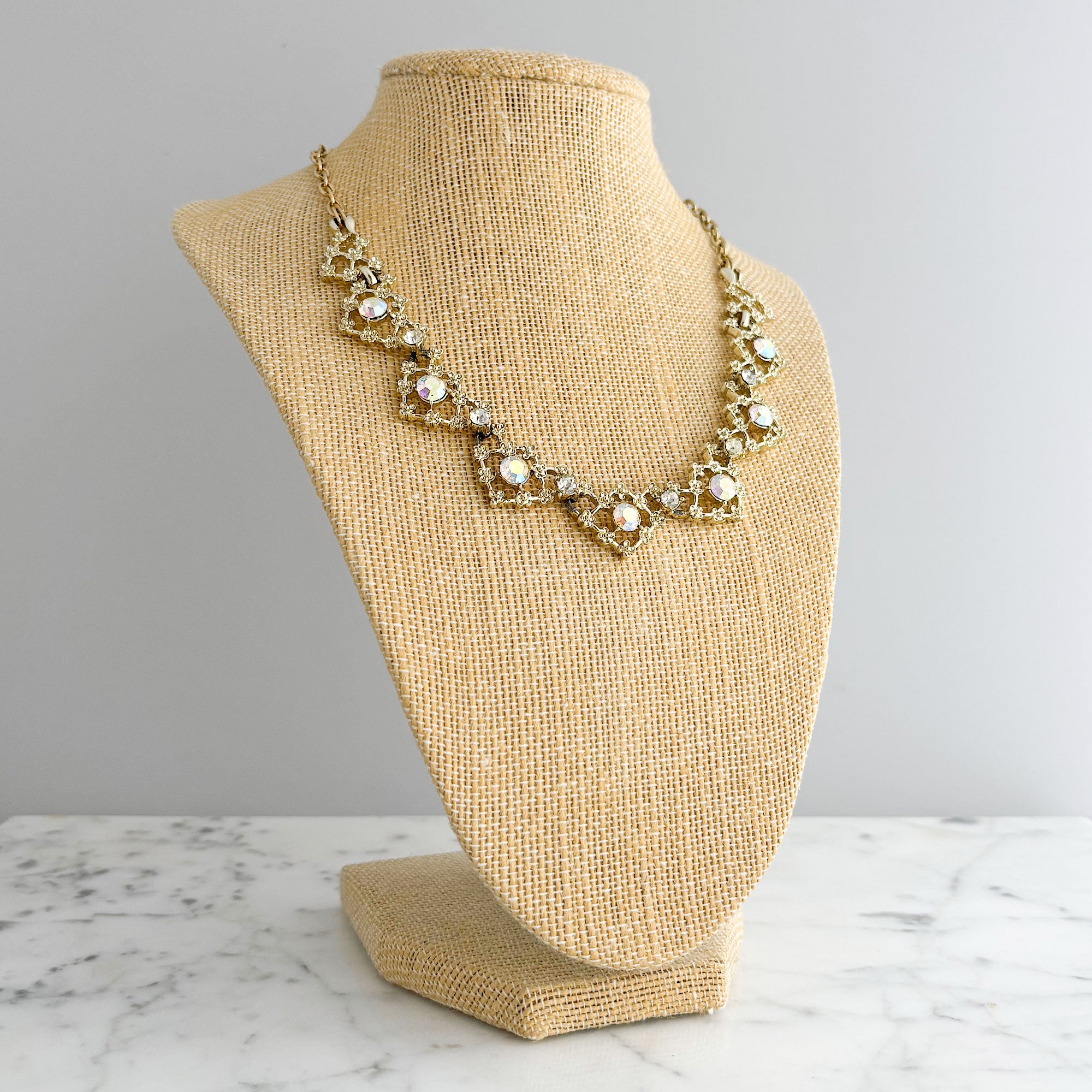 LEOPOLD vintage aurora borealis light gold filigree necklace - 
