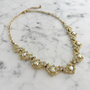 LEOPOLD vintage aurora borealis light gold filigree necklace - 