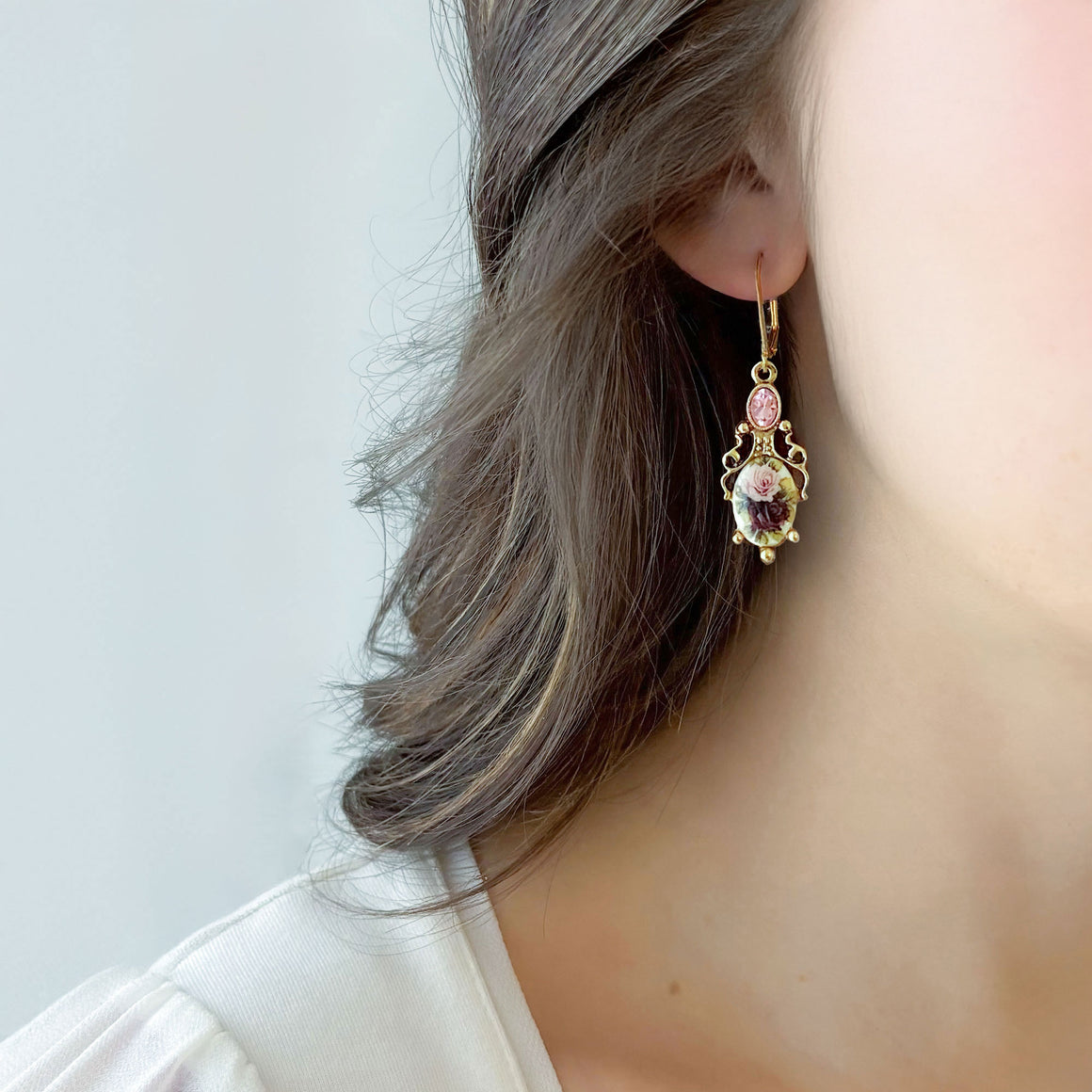 LEXI vintage pink crystal rose cabochon gold drop earrings-GREEN BIJOU