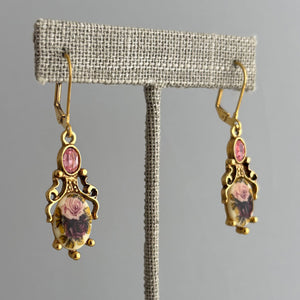 LEXI vintage pink crystal rose cabochon gold drop earrings - 