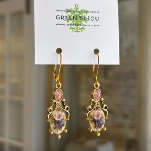 LEXI vintage pink crystal rose cabochon gold drop earrings - 