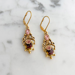 LEXI vintage pink crystal rose cabochon gold drop earrings-GREEN BIJOU