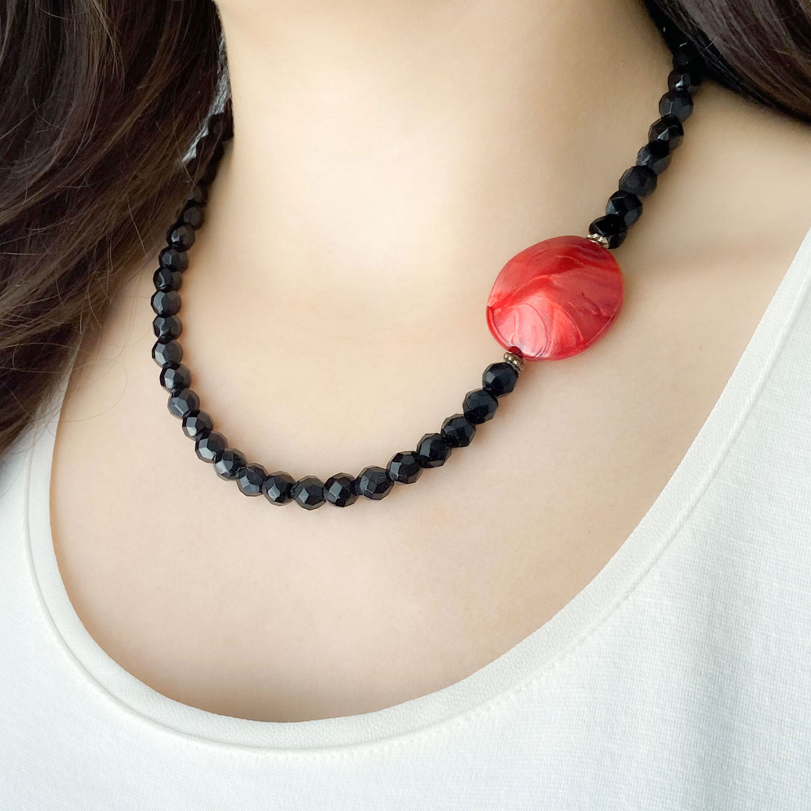 LIANA vintage black crystal necklace with red nugget accent-GREEN BIJOU
