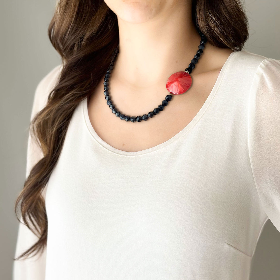 LIANA vintage black crystal necklace with red nugget accent-GREEN BIJOU