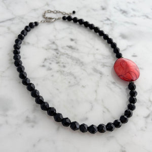 LIANA vintage black crystal necklace with red nugget accent - 