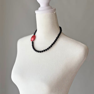 LIANA vintage black crystal necklace with red nugget accent - 
