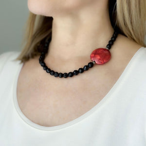 LIANA vintage black crystal necklace with red nugget accent - 