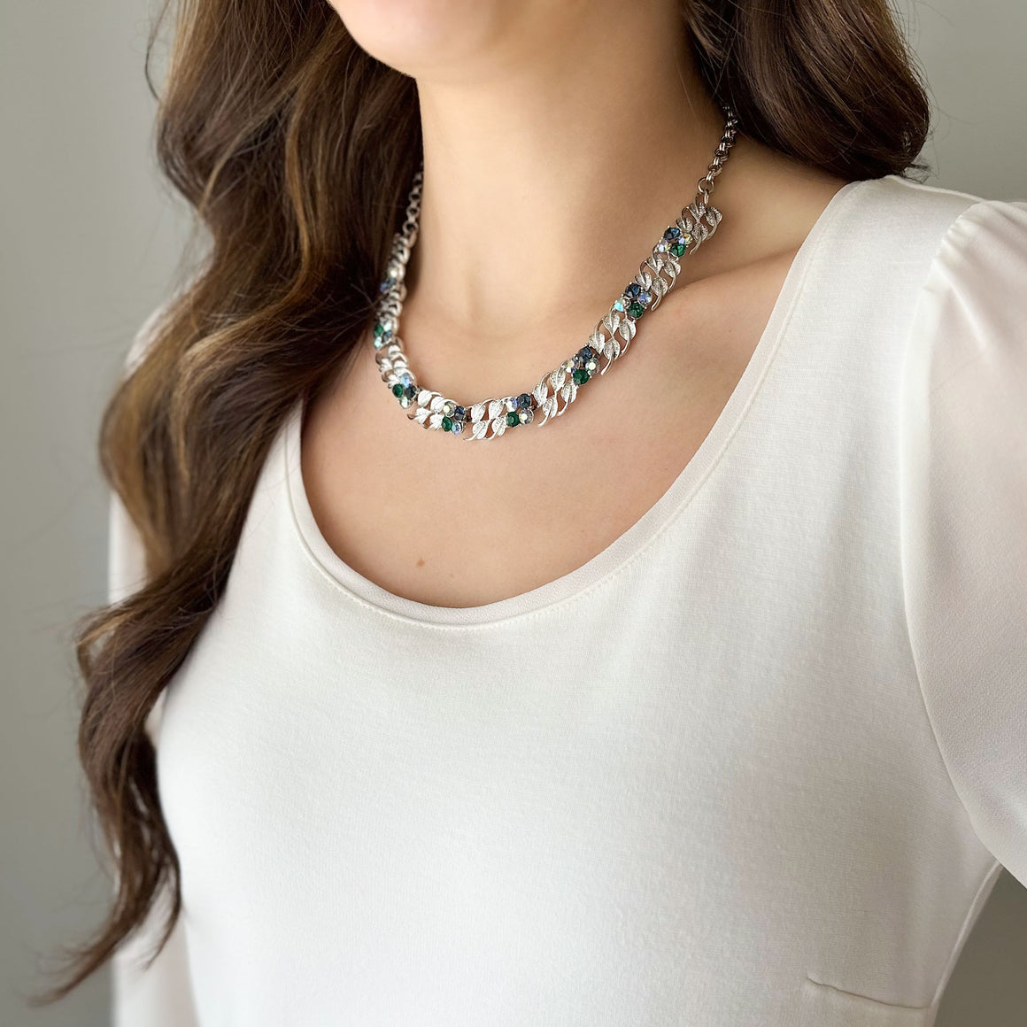LILAH vintage silver rhinestone necklace-GREEN BIJOU