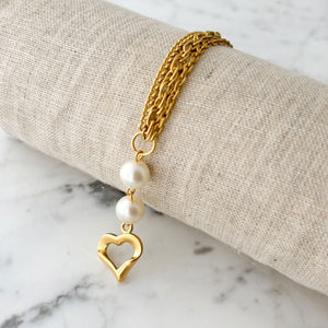 LISETTE vintage white pearl and layered gold chain bracelet - 