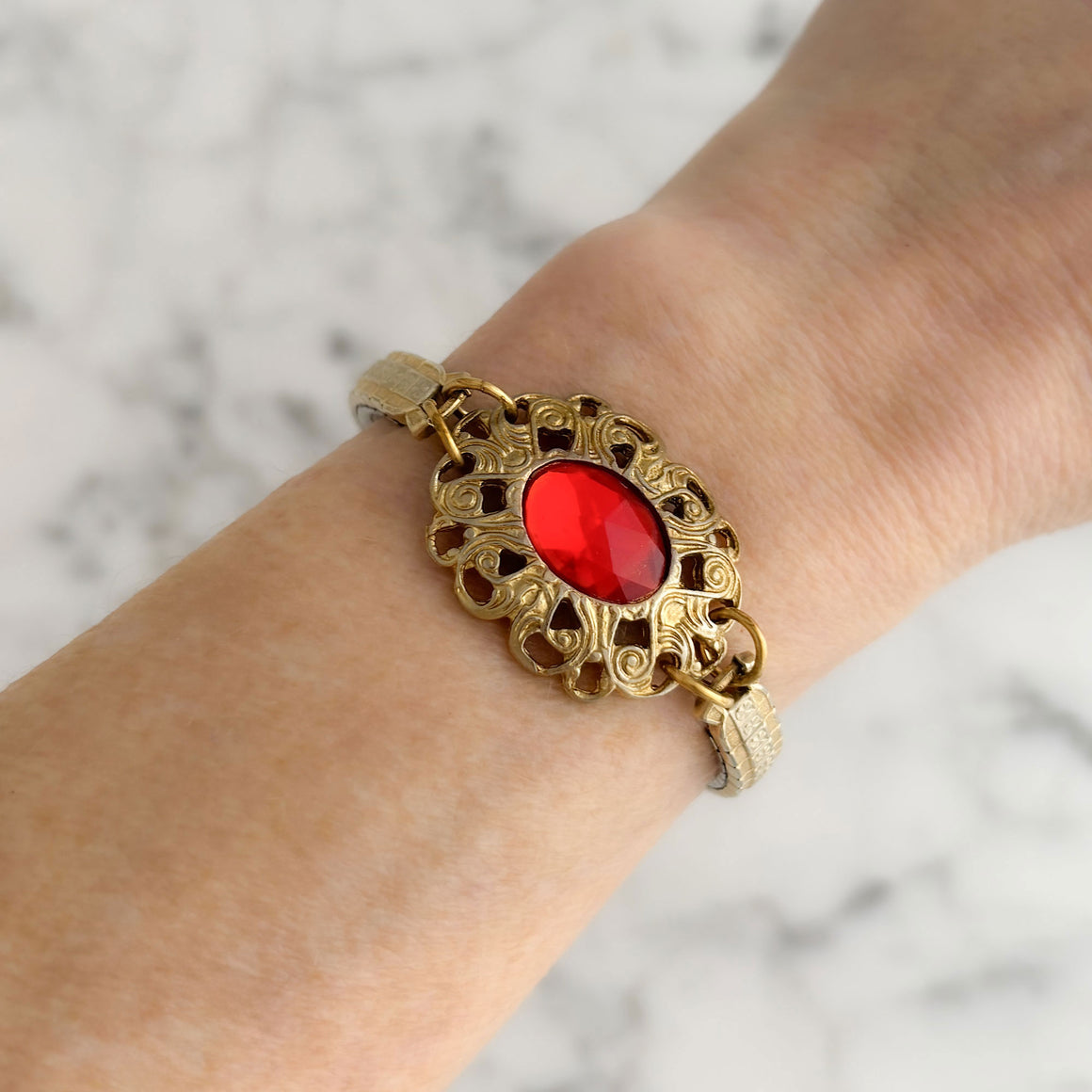 LUKA Italian red crystal brooch stretch watch band bracelet-GREEN BIJOU