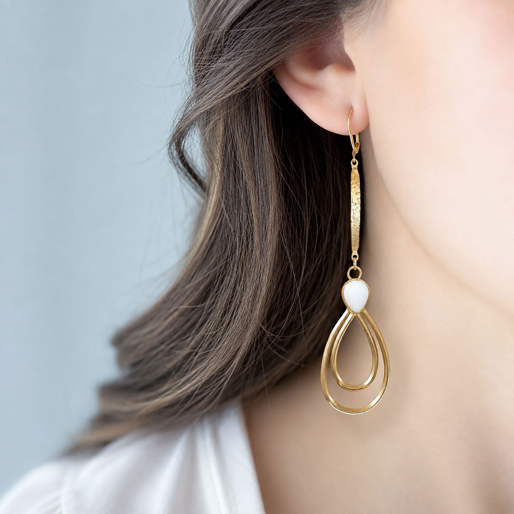 Long Gold Teardrop Earrings | White Cabochon Statement Earrings | CAMDEN-GREEN BIJOU