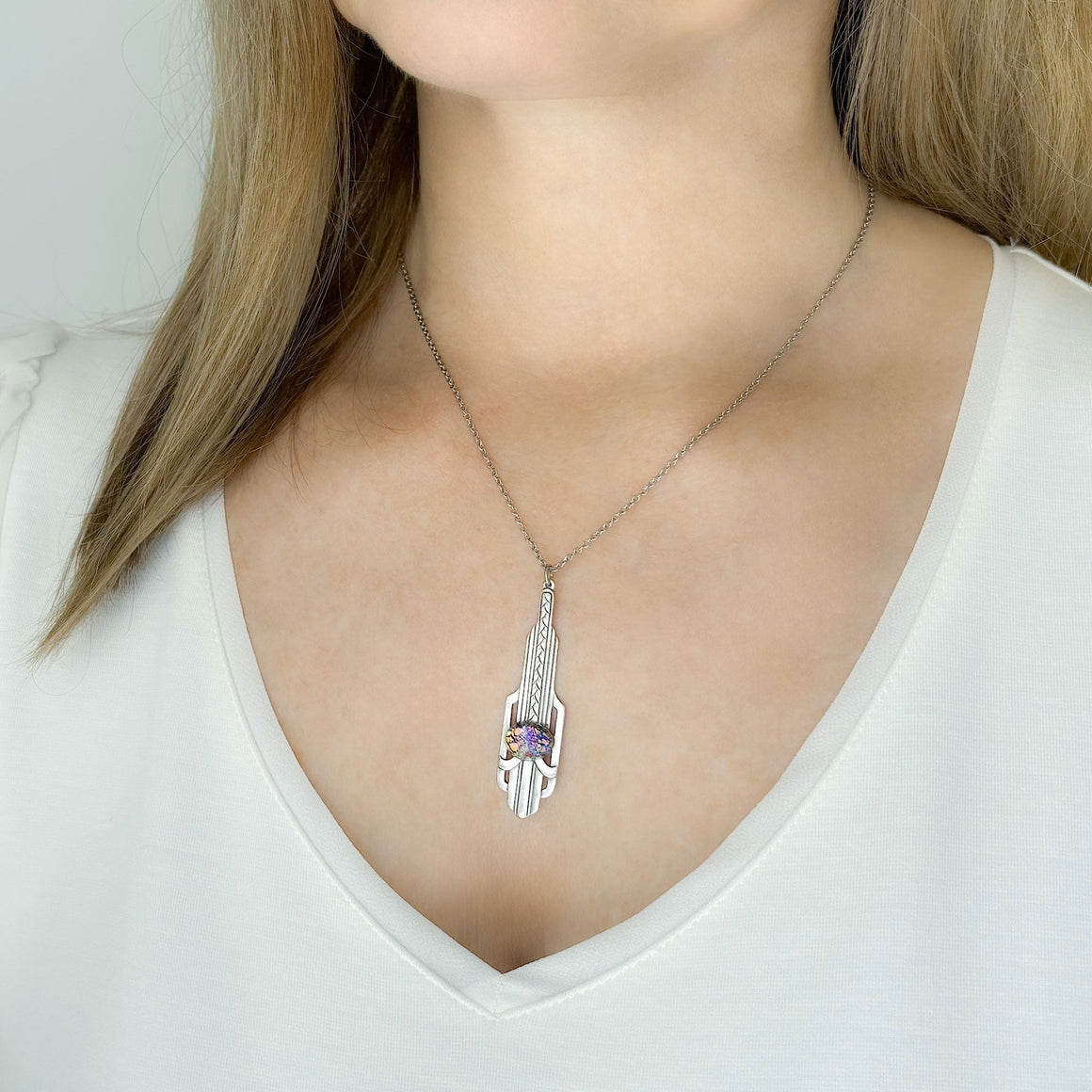 MAGDA Art Deco fire opal cabochon silver pendant necklace-GREEN BIJOU
